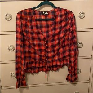 Poinsettia button down ruffle plaid top